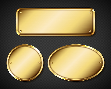 Gold or brass plates, golden name plaques empty mockup. Metal identification tags or badges, round, oval and rectangular frame for nameplate isolated on transparent background, realistic 3d vector set