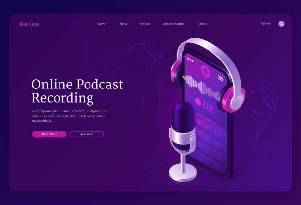 Online podcast recording banner Online podcast recording banner. Record radio broadcast, audio interview, live talk. Vector landing page of podcasting business with isometric microphone, smartphone and headphones podcast mobile stock illustrations