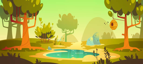 Cartoon forest background with pond, swamp, trail Cartoon forest background with pond or swamp and trail, nature landscape with trees, green grass and bushes. Beautiful scenery view, summer or spring wood or park area with plants, vector illustration bee water stock illustrations