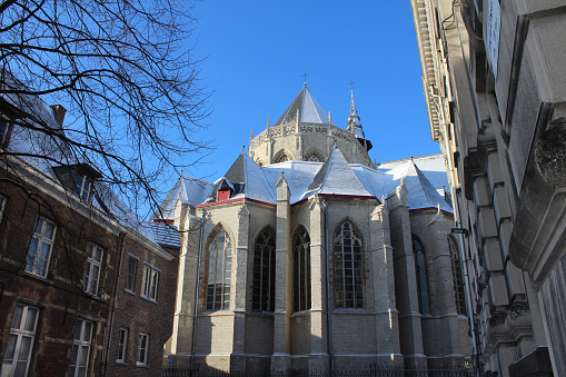 Exterior view of the church of St. Martin (Sint Martinus Kerk) in Aalst, Belgium, from the old fish market. In winter with a covering of snow and blue sky.