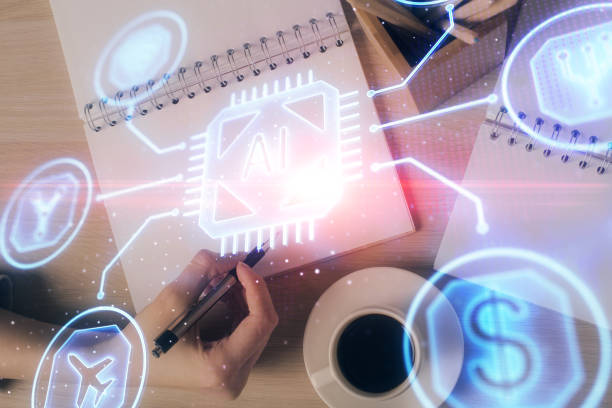 istock Multi exposure of woman's writing hand on background with data technology hud. Concept of innovation. 1301423212