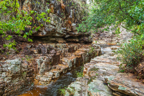 istock Sedimentary rock wall with a river passing by the rocks 1301424354