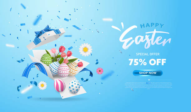 Happy Easter with surprise white gift box with colorful eggs, tulip flowers and blue ribbon. Open gift box isolated. Party, Shopping poster. Easter Sunday design banner Happy Easter with surprise white gift box with colorful eggs, tulip flowers and blue ribbon. Open gift box isolated. Party, Shopping poster. Easter Sunday design banner. gift pack stock illustrations