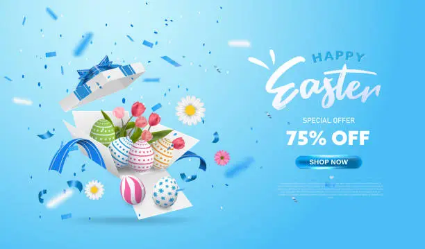 Vector illustration of Happy Easter with surprise white gift box with colorful eggs, tulip flowers and blue ribbon. Open gift box isolated. Party, Shopping poster. Easter Sunday design banner