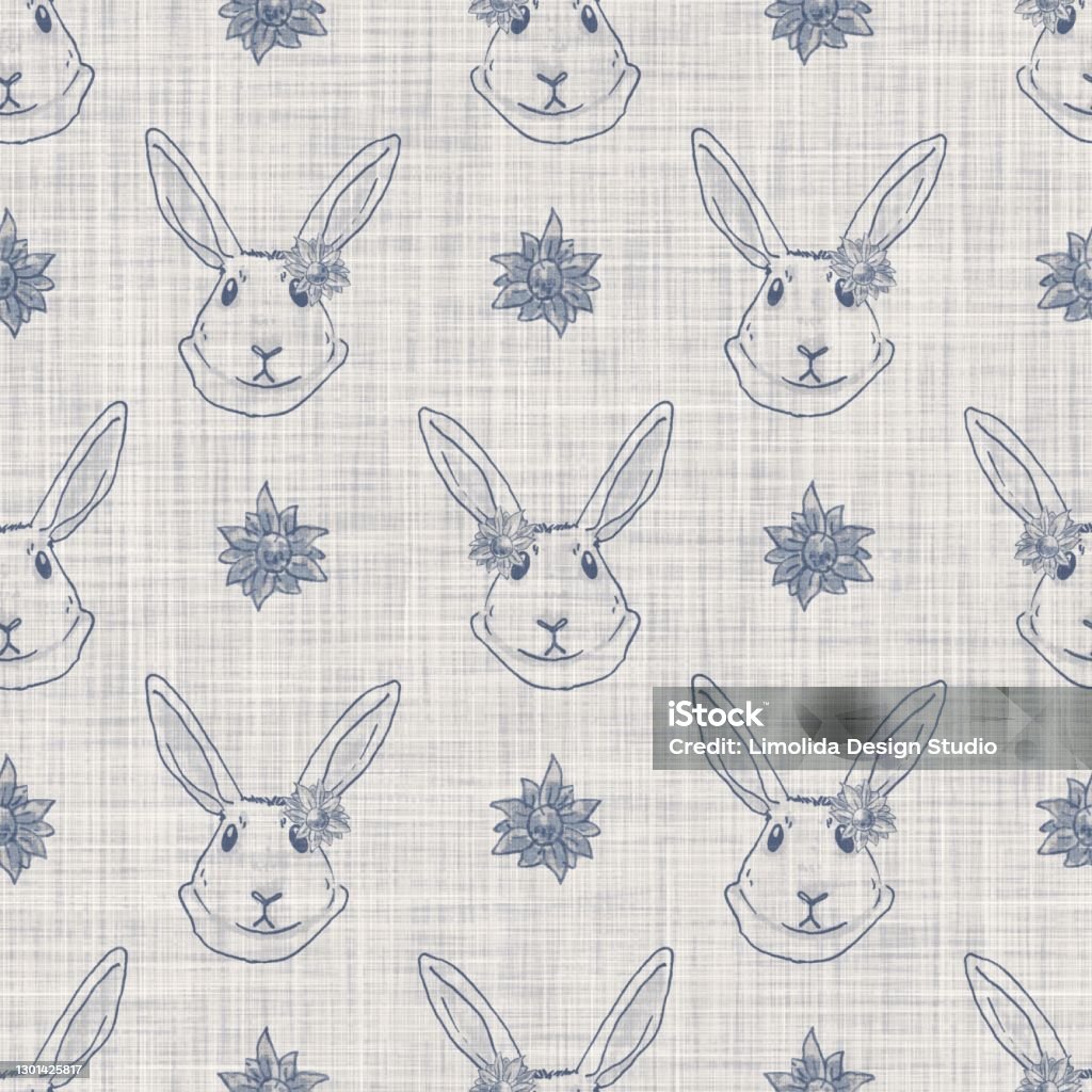 French Pattern Rabbitn Background Seamless French Farmhouse Bunny Linen Printed Fabric Background ...