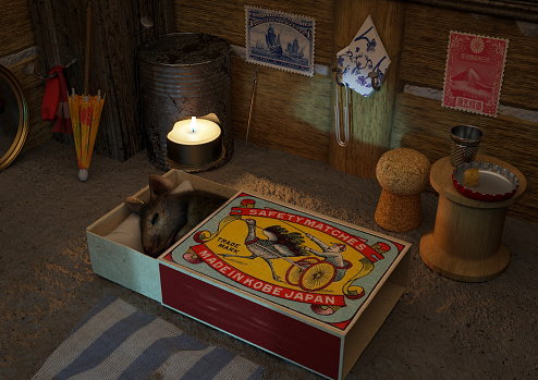 High resolution digital children's fantasy image of the inside of a mouse hole. The mouse sleeps soundly in his matchbox bed, while a candle burns in his tin can hearth. He has many items in his dwelling, including a wooden spool for a table, a thimble for a cup, a champagne cork for a chair, a bottle cap for a plate, postage stamps and broken porcelain for artwork, and a cocktail umbrella. Night time light comes from an unseen mouse hole, casting the iconic shape on the far wall. Image is dark, warm, and cozy.