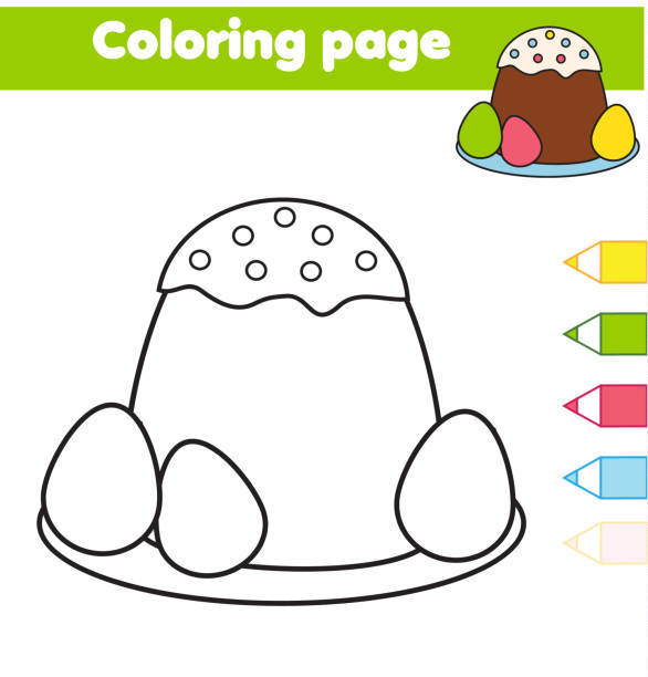 illustrazioni stock, clip art, cartoni animati e icone di tendenza di pagina da colorare con torta pasquale e uova. disegnare l'attività dei bambini. divertimento stampabile per bambini e bambini - book paper sheet school children