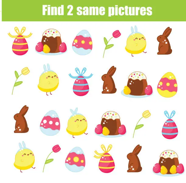 Vector illustration of children educational game. Find the same pictures. Easter activity for toddlers and kids