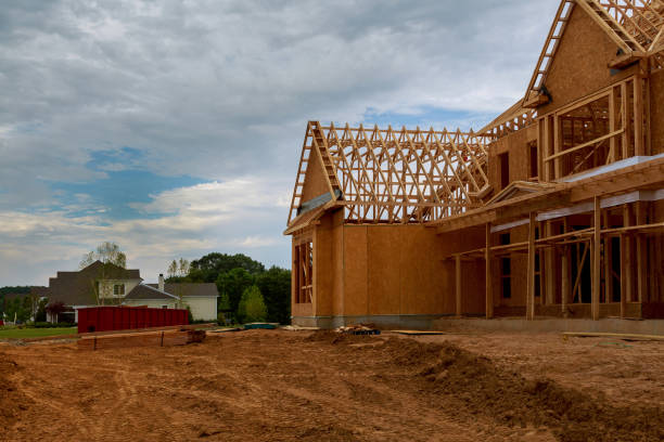 istock Wooden house in American beams the view of frame structure on a new development 1301429732