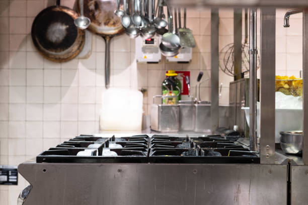 istock Gas stove top empty in kitchen 1301429860