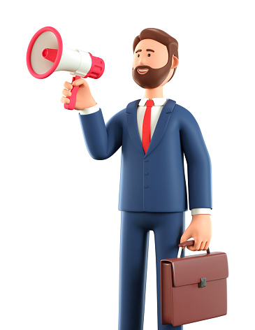 3D illustration of cartoon bearded man holding a speaker. Cute standing  businessman with briefcase announcing over the loudspeaker, isolated on white background. Business advertising concept.