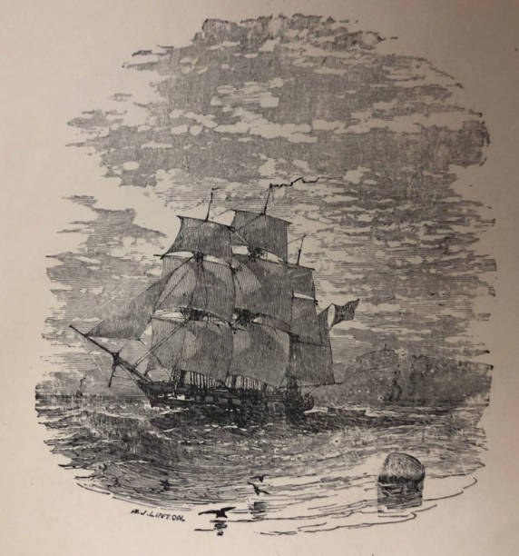 istock Antique illustration - Poetry of Thomas Moore - large sailing ship on the water 1301432199