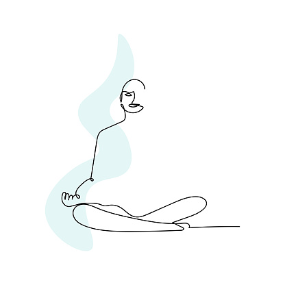 Line art figure of a man doing meditation, light linear sketch against the background of a gentle blue elongated spot for design and creativity