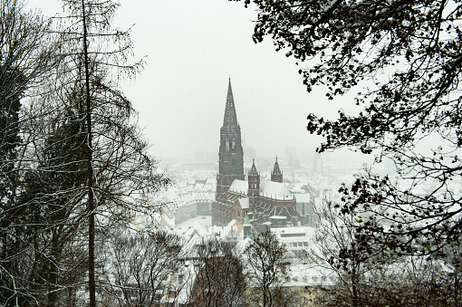 The cathedral of Freiburg in winter, view from above