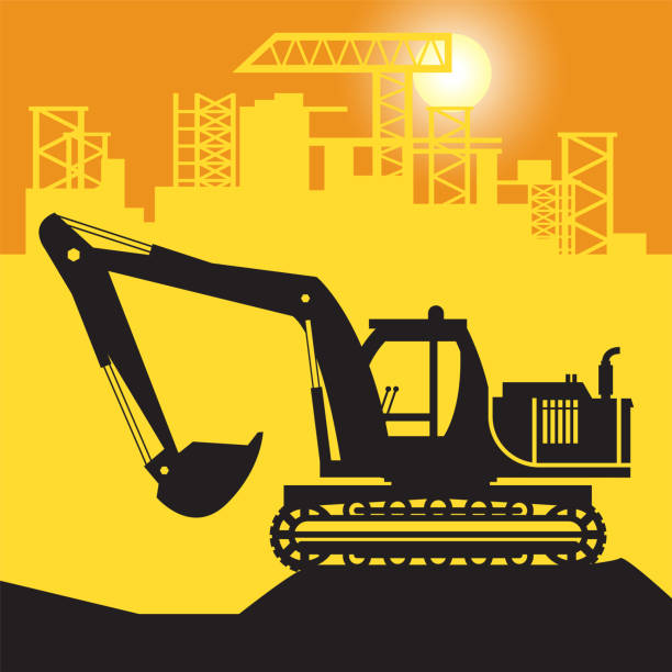 ilustraciones, imágenes clip art, dibujos animados e iconos de stock de obra de la excavadora grande en el sitio de construcción - earth mover bulldozer construction equipment digging