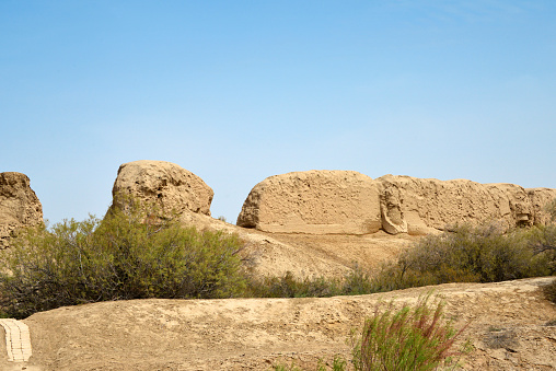 Merv, Mary Region, Turkmenistan: ruins of Sultan Kala Fortress /Soltangala, the largest of Merv's ancient cities - surrounding walls built by Seljuk sultan Melik-shakh - UNESCO World Heritage Site.