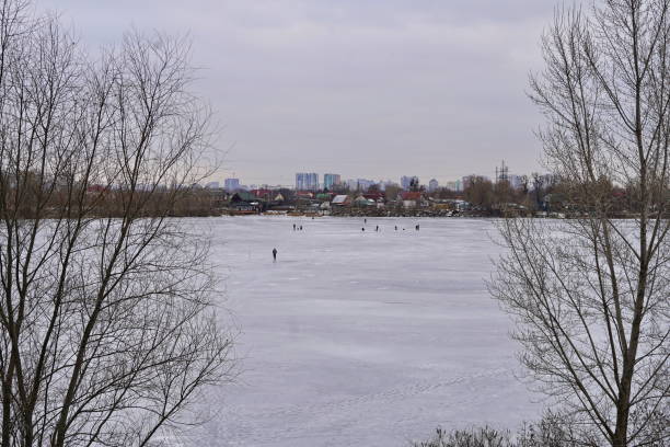 istock Winter landscape with trees and an ice-covered lake 1301437197