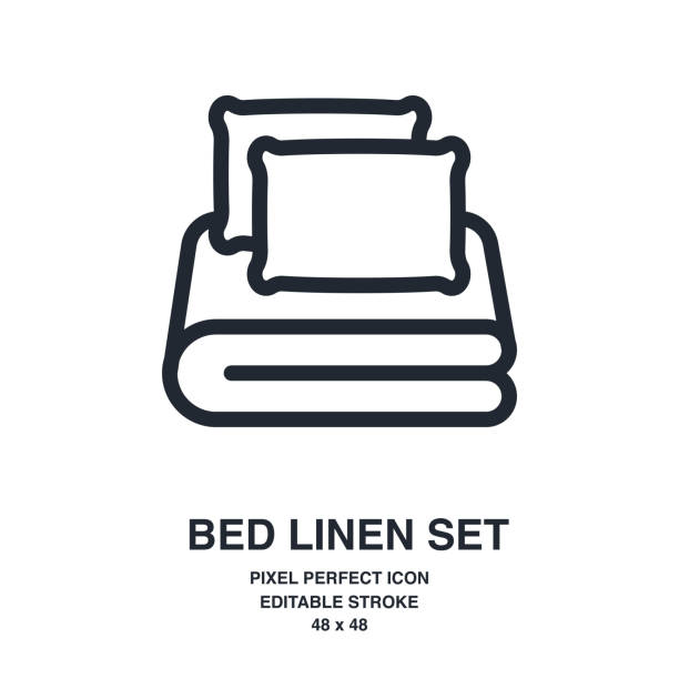 Bed linen set with pillows, bed sheet and duvet cover isolated on white background outline icon. Editable stroke. 48 x 48. Bed linen set with pillows, bed sheet and duvet cover isolated on white background outline icon. Editable stroke. 48 x 48. duvet stock illustrations