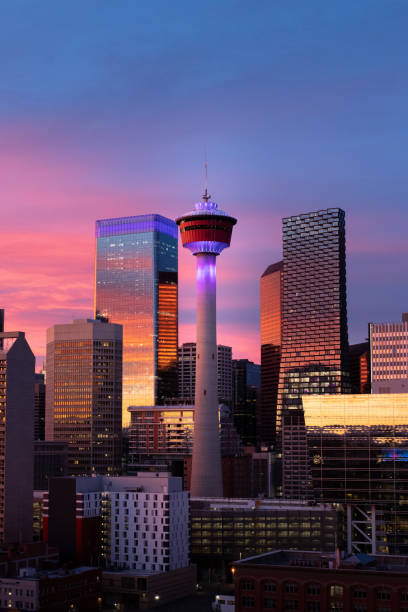 Colourful Sunset in Calgary Beautiful pink, orange, purple and blue colours in this sunset photo taken in Victoria Park romantic sky stock pictures, royalty-free photos & images
