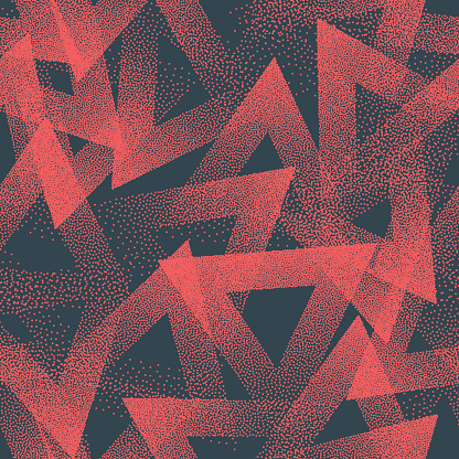 Stippled Triangles Vector Texture Trendy Seamless Pattern Retro Abstract Background. Handmade Tileable Geometric Dotted Grunge Repetitive Red Blue Wallpaper. Bizarre Art Illustration
