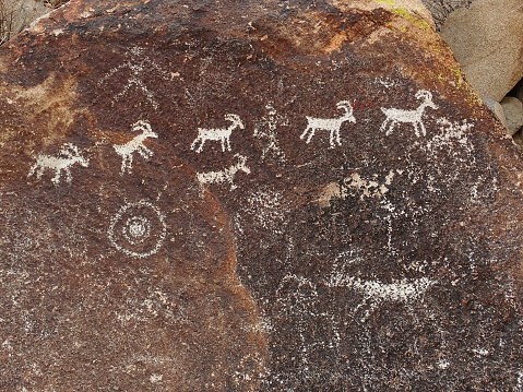 rocks are covered with ancient drawings in southern Nevada