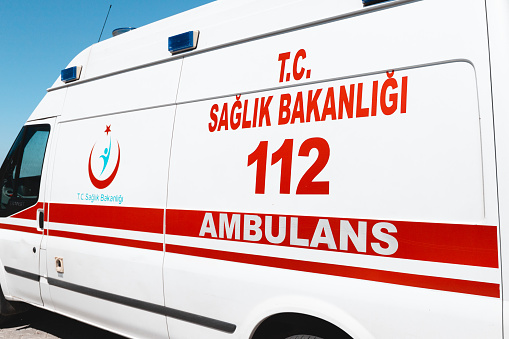 10 September 2020, Oludeniz, Turkey: An ambulance van is on duty at a public place during the covid-19 coronavirus pandemic in Turkey