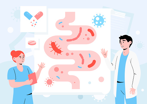 Gastrointestinal flora and microorganisms inhabiting it. Poster or Banner. Abstract concept of digestive stomach living organisms. Flat cartoon vector illustration