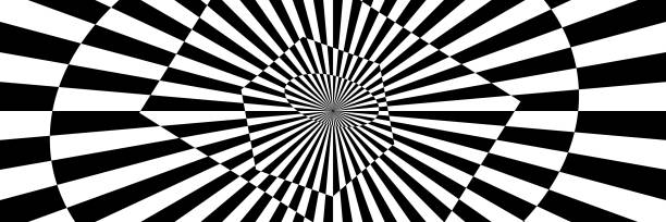 istock Vector illustration of stripes and shapes with optical illusion. Op art abstract background. Long horizontal banner. 1301445060