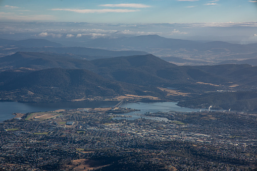 Hobart, Australia - February 1, 2021: One of a number of lookouts from the top of Mount Wellington, offering stunning views out over the Tasmanian capital of Hobart.