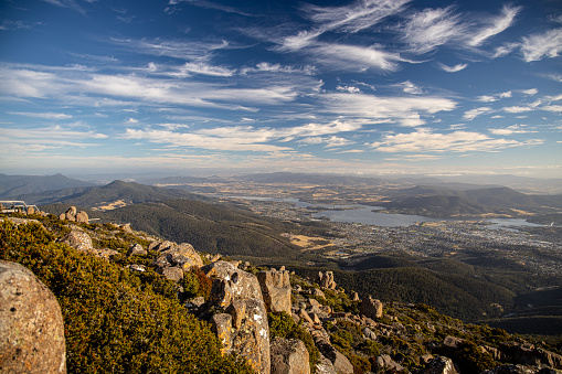 Hobart, Australia - February 1, 2021: One of a number of lookouts from the top of Mount Wellington, offering stunning views out over the Tasmanian capital of Hobart.