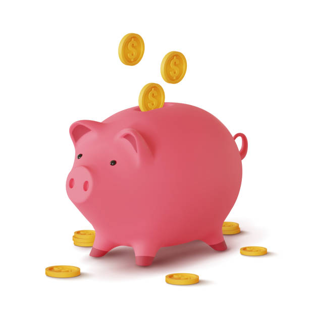 3d realistic moneybox in the form of a pig and coins falling, isolated on white background, vector illustration 3d realistic moneybox in the form of a pig and coins falling, isolated on white background, vector illustration. piggy bank stock illustrations