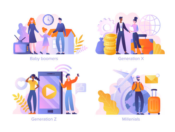 Millennials, Generation Z, Baby boomers, Generation X concept Millennials, Generation Z, Baby boomers, Generation X concept. Collection for web banner, infographics, mobile app. Set of flat cartoon vector illustrations isolated on white background baby boomer stock illustrations