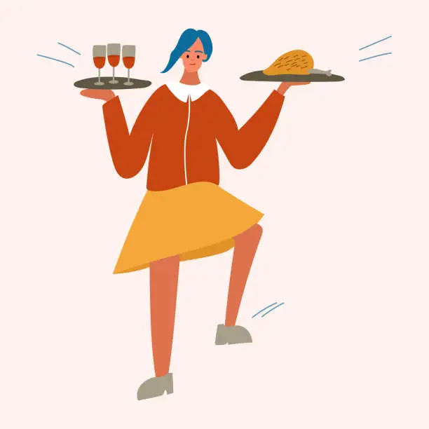 Vector illustration of A cute funny waitress stands with trays of champagne and chicken, a waitress with food. Cute character drawn by hand