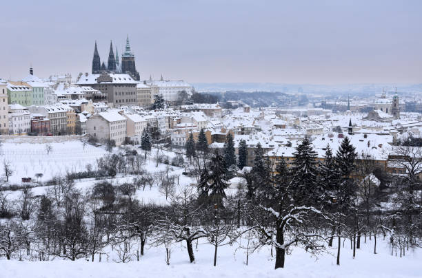 istock Snowy Prague Castle panorama stock images 1301449508