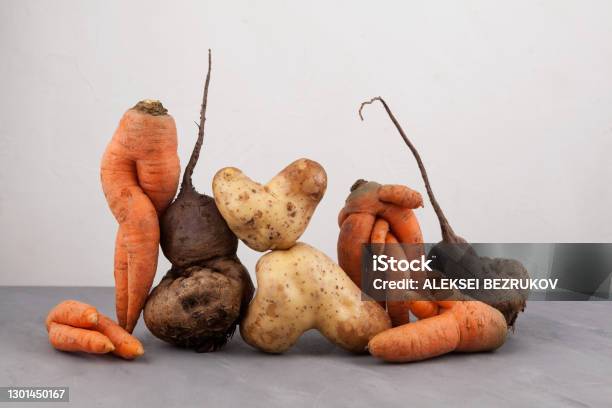 Ugly Vegetables Side View Closeup Concept Food Organic Waste Reduction Using In Cooking Imperfect Products Stock Photo - Download Image Now