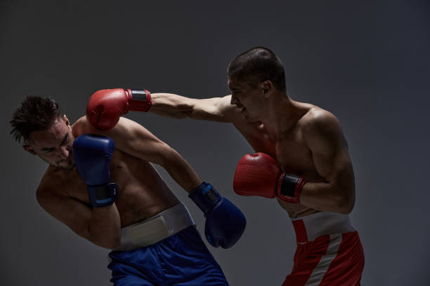 Jab of professional fighter, fighting guys in boxing gloves during mixed fight sparring, martial arts concept Jab of professional fighter, fighting guys in boxing gloves during mixed fight sparring, martial arts concept. High quality photo struggle photos stock pictures, royalty-free photos & images