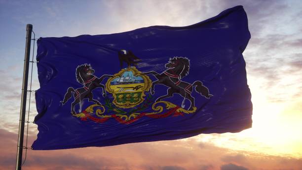 Flag of Pennsylvania waving in the wind against deep beautiful sky. 3d illustration Flag of Pennsylvania waving in the wind against deep beautiful sky. 3d illustration. allentown pennsylvania stock pictures, royalty-free photos & images