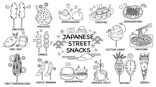 Hand draw doodle line art of Japanese Street Snacks icon set.Yakitori, Kakigori, Daifukumochi, Takoyaki, Okonomiyaki, Yakisoba, Dango, Yaki Imo, Imagawayaki, Ikayaki, Crepes, Choco Banana. Hand draw doodle line art of Japanese Street Snacks icon set.Yakitori, Kakigori, Daifukumochi, Takoyaki, Okonomiyaki, Yakisoba, Dango, Yaki Imo, Imagawayaki, Ikayaki, Crepes, Choco Banana. takoyaki stock illustrations
