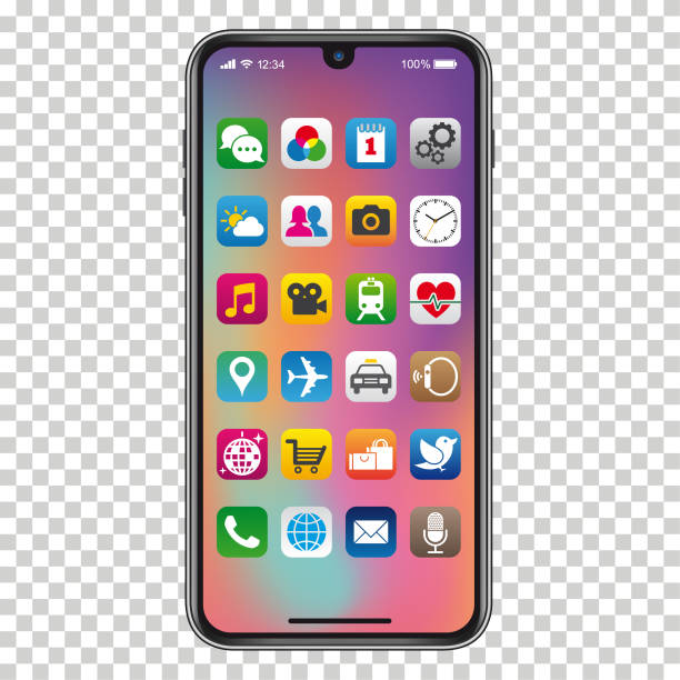 Smartphone with app icons Eps10 vector illustration with layers (removeable) and high resolution jpeg file included (300dpi). brand name smart phone stock illustrations