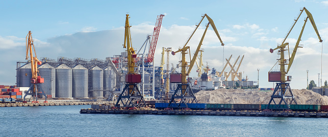 Port panorama, harbor cranes and granaries in the cargo seaport.