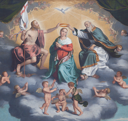 Bargamo - Detail of painting Incoronazione della Vergine - Coronation of hl. Mary by Giovani Battista Moroni (1520 - 1578) in church San Alessandro della Croce.