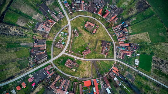 Aerial view of Charlottenburg, the only circular village in Romania. Photo taken on 6th of February 2021 in Charlottenburg, Timis county, Romania.