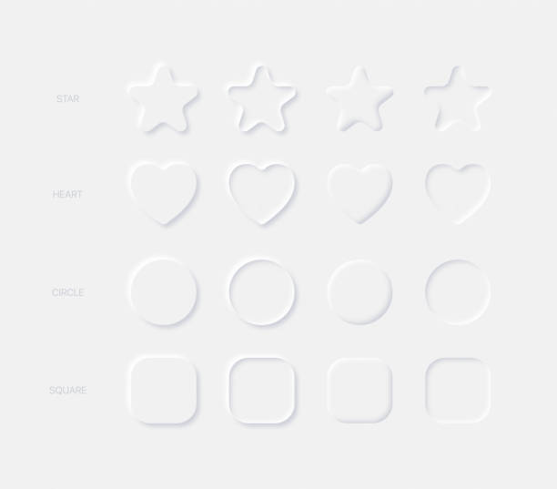 ilustraciones, imágenes clip art, dibujos animados e iconos de stock de elementos de diseño vectorial neumórfico claro star heart circle square en diferentes variaciones sobre fondo claro - bevel