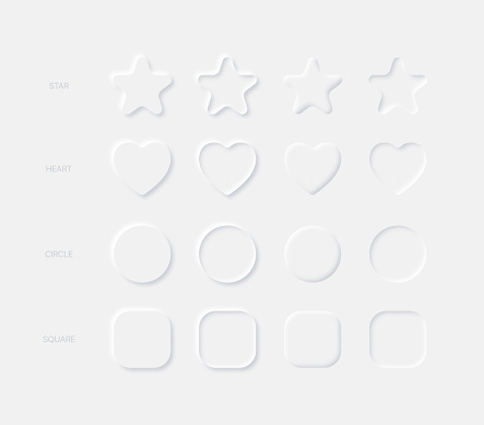 Light Neumorphic Vector Design Elements Rounded Star Heart Circle Square In Different Variations On Light Background. Neumorphism Buttons For Mobile Or Web Application