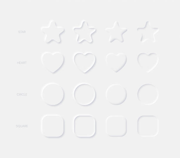 Light Neumorphic Vector Design Elements Star Heart Circle Square In Different Variations On Light Background Light Neumorphic Vector Design Elements Rounded Star Heart Circle Square In Different Variations On Light Background. Neumorphism Buttons For Mobile Or Web Application brocade stock illustrations