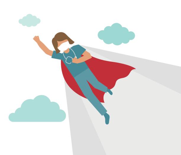 Doctor superwoman. Female doctor with a red cape. Vector illustration. medical staff, doctors fighting the coronavirus epidemic. Doctor superwoman. Female doctor with a red cape. Vector illustration. medical staff, doctors fighting the coronavirus epidemic. superwoman syndrome stock illustrations