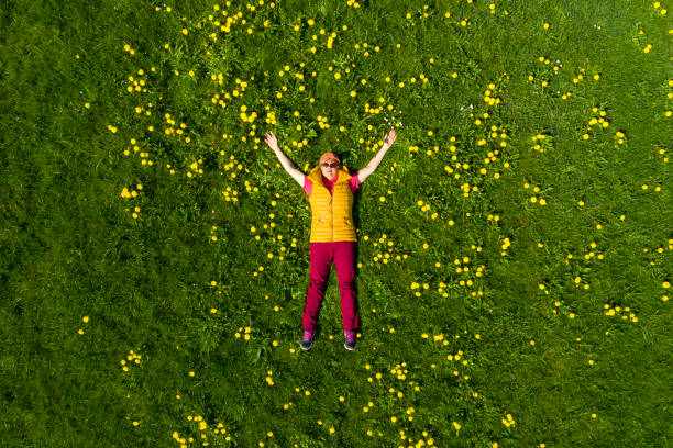 istock Woman Lying in Spring Meadow, Aerial View 1301460069