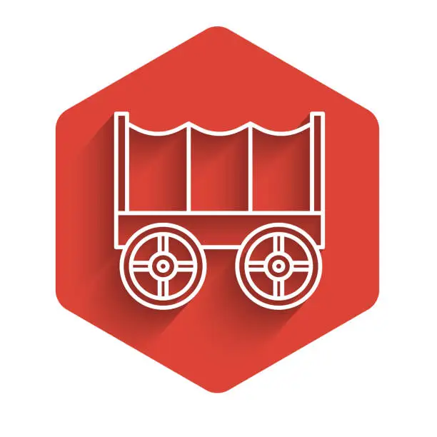 Vector illustration of White line Wild west covered wagon icon isolated with long shadow. Red hexagon button. Vector