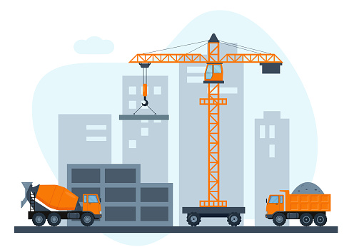 Construction site with crane and heavy construction equipment. Building house in city. Vector illustration.