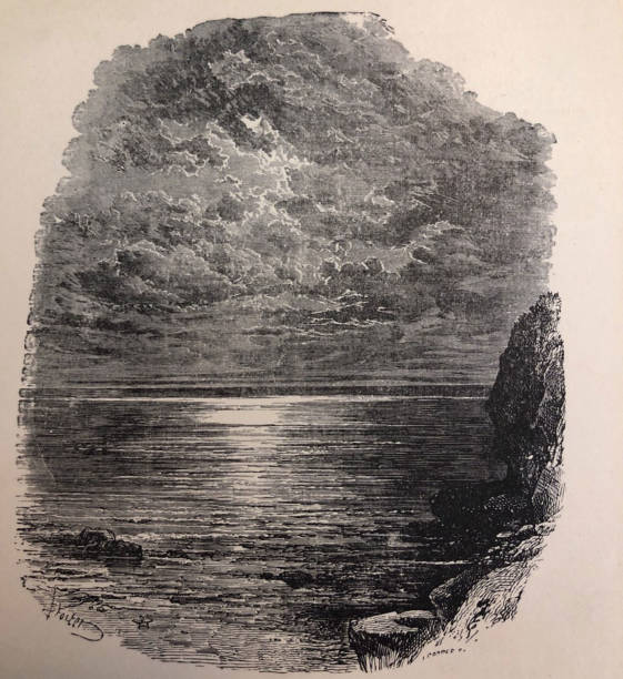 istock Antique illustration - Poetry of Thomas Moore - moonlight on water by cliff 1301463851
